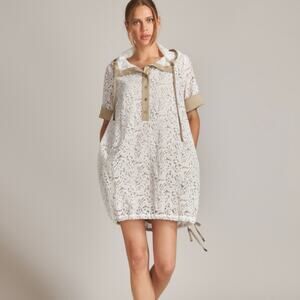 Tricot Chic Italian Luxury Brand White Guipure Lace Dress, Tan Details, Size 6
